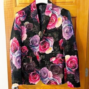 Womens Printed Floral Blazer Jacket Sz L Pink Purple Roses Formal Garden Party